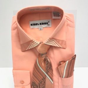 Karl Knox Jr. Boys Peach Dress Shirt Peach Cream Black Tie Hanky Size 10